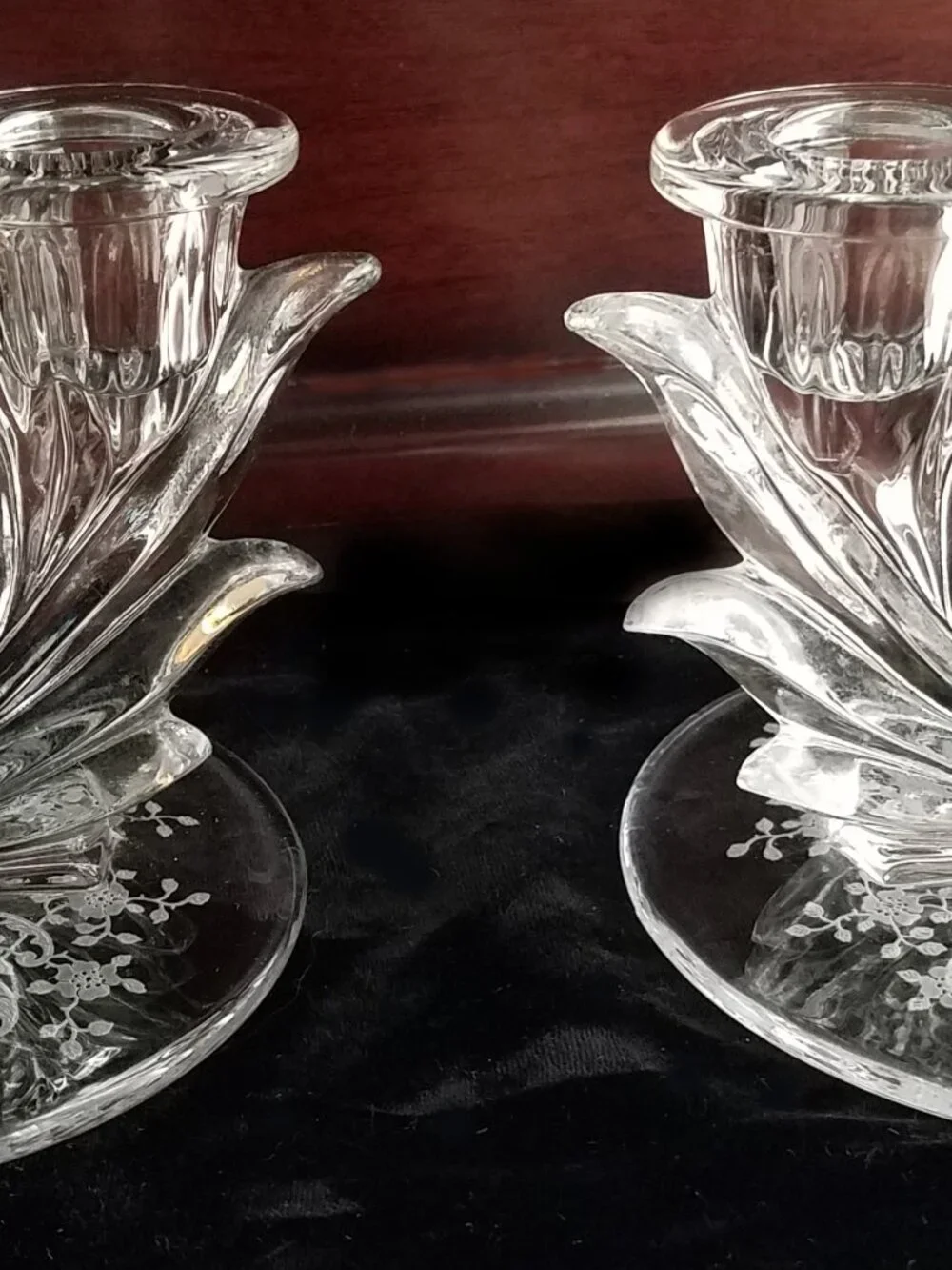 Fostoria Meadow Rose Vintage Glass Candlesticks & RARE Salt & Pepper Shakers